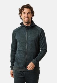 Dark gray zip-up hoodie with a textured finish, raglan sleeves, and a hood. Features front pockets and ribbed cuffs and hem.