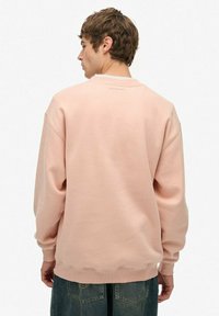 Felpa rosa chiaro con vestibilità comoda, polsini e orlo a coste, e un piccolo logo del marchio sul retro, realizzata in morbido tessuto misto cotone.