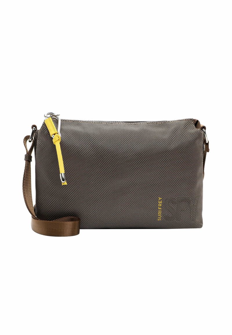 Borsa a tracolla marrone con una tracolla gialla a contrasto, con un design rettangolare semplice e una tracolla marrone regolabile.