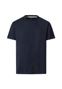 Marineblå bomulls T-skjorte med korte ermer, rund hals og ensfarget design. Ingen synlige mønstre eller detaljer. Myk tekstur.