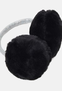 Earmuffs de pele falsa preta com uma faixa de cabeça prateada brilhante. Os earmuffs são redondos e fofos, proporcionando uma textura suave e calor.