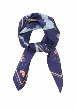 Jedwabny szalik o granatowej bazie, z ilustracjami leśnych zwierząt, wzorami przypominającymi mapę oraz jasnobeżowymi paskami na brzegach.