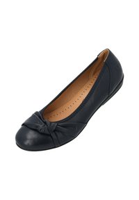 Navyblaue Leder-Ballerinas mit einem geknoteten Detail an der Zehe, glatte Oberfläche und einer gepolsterten Innensohle mit Belüftungsöffnungen für Atmungsaktivität.