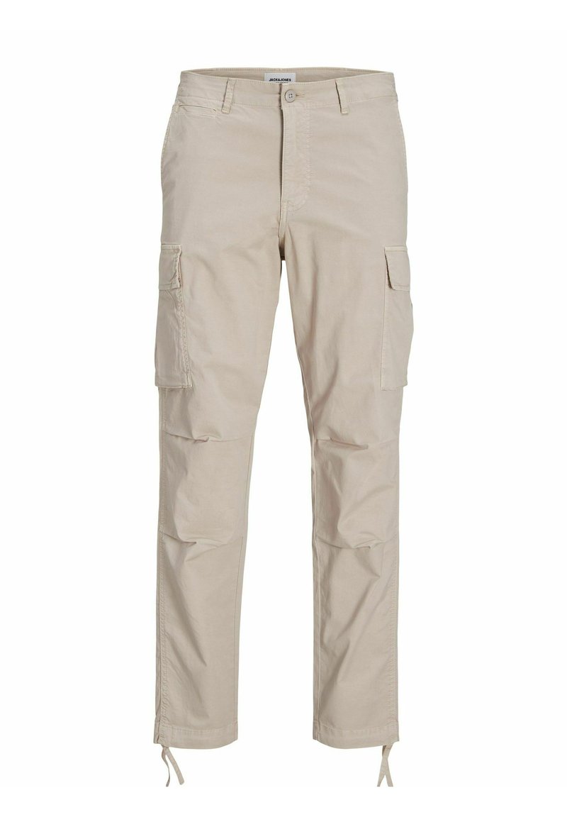 Beige Cargo-Hosen aus Baumwollmischung, mit zwei seitlichen Cargo-Taschen, Knopfverschluss, elastischen Bündchen und einem lässigen Schnitt.