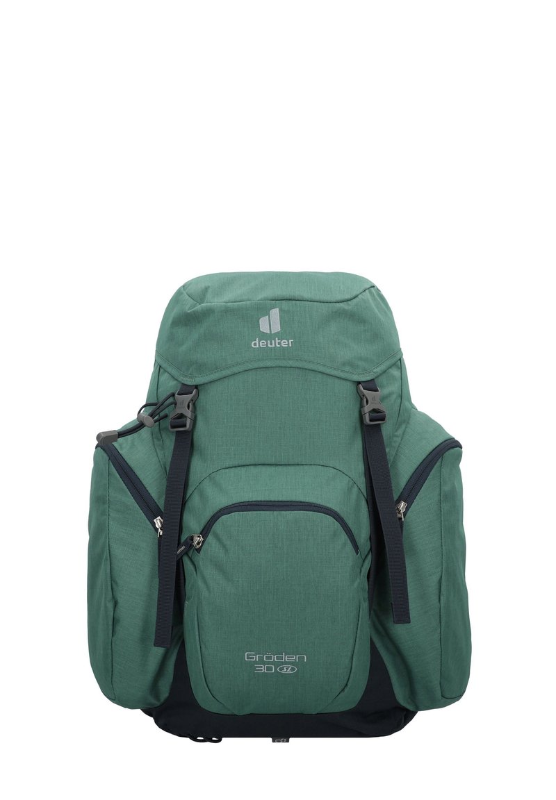Zelený turistický batoh Deuter Gröden 30 SL s viacerými zipsovými vreckami a čiernymi nastaviteľnými popruhmi, zobrazený čelne.