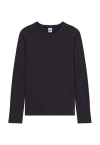 Zwarte t-shirt met lange mouwen, gemaakt van zachte stof, met een ronde halslijn en een klein logo label op de linkerbovenhoek. Geen patronen of accenten.