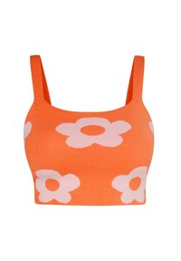 Top corto lavorato a maglia arancione con grandi motivi floreali bianchi, scollatura quadrata e spalline larghe. Tessuto texturizzato con una forma aderente.