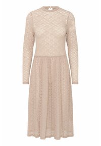 Beiges Spitzenkleid mit langen Ärmeln, hohem Kragen, strukturiertem Muster und weit ausgestellt Rock. Detaillierte Nähte an der Taille und ein rückseitiger Verschluss.