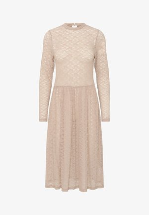 Long-sleeve beige lace dress with a high neck, textured pattern, and flared skirt. Detailed stitching at the waist and a back closure.