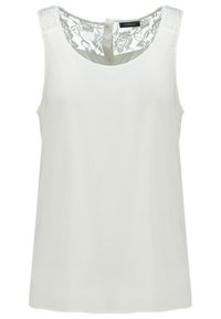 Bezrukávová bílá blůza s kulatým výstřihem a krajkovými detaily na horní části zad a na ramenech, zapínání na knoflík na zadní části krku.