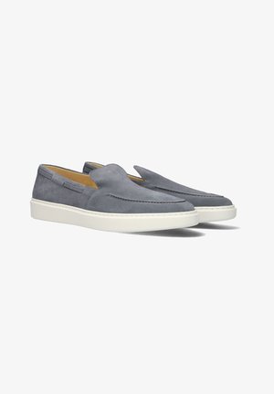Gray suede slip-on shoes with a rounded toe, white rubber sole, and subtle stitching details on the upper.