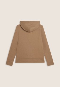 Sweatshirt à capuche marron fabriqué en tissu doux, avec des manches longues et une coupe décontractée. Le dos est lisse avec un design simple.