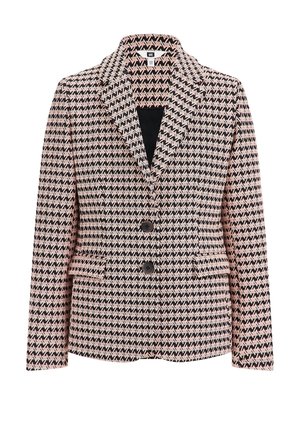 Marynarka w kolorze różowym, czarnym i kremowym w zygzakowy wzór. Posiada klapowy kołnierz, dwa guziki i boczne kieszenie. Teksturowana tkanina.