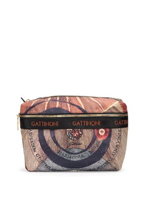 Rechteckige Kosmetiktasche aus Stoff mit einem Vintage-Münzdesign. Verfügt über einen goldenen Reißverschluss und ein schwarzes Band mit "GATTI NONI" in Orange.