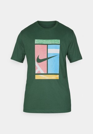 Green cotton t-shirt featuring a graphic design with pink, blue, and yellow sections, and a prominent black Nike swoosh logo.