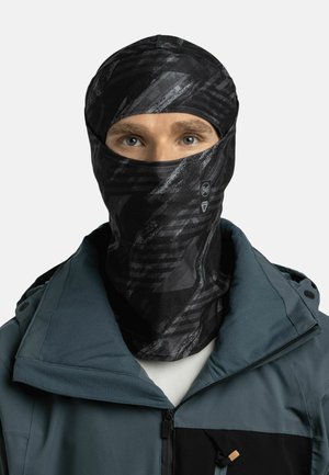 Black and gray patterned balaclava made of soft fabric, featuring a close-fitting design, with a logo tag visible on the lower section.