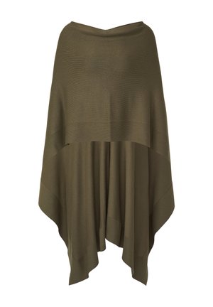 Oliwkowo-zielony sweter-peleryna z luźnym krojem i asymetrycznym dołem, równomiernie układający się na białym tle.
