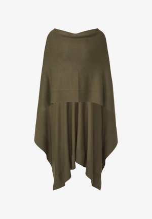 Oliwkowo-zielony sweter-peleryna z luźnym krojem i asymetrycznym dołem, równomiernie układający się na białym tle.