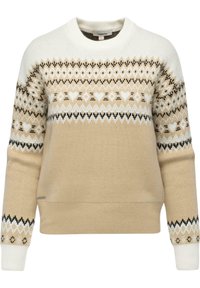 Beżowy sweter robiony na drutach z okrągłym dekoltem, z festiwalowym wzorem w kolorze białym, czarnym i brązowym, oraz ściągaczami na mankietach i u dołu.