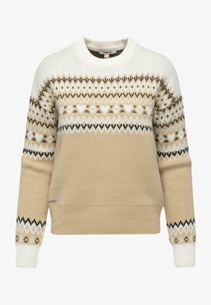Maglione a maglia beige con collo rotondo, caratterizzato da un motivo festivo in bianco, nero e marrone, con polsini e orlo a costine.