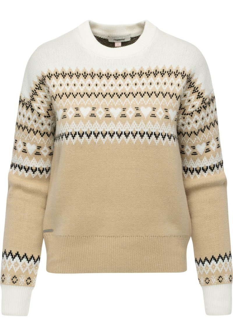 Beżowy sweter robiony na drutach z okrągłym dekoltem, z festiwalowym wzorem w kolorze białym, czarnym i brązowym, oraz ściągaczami na mankietach i u dołu.