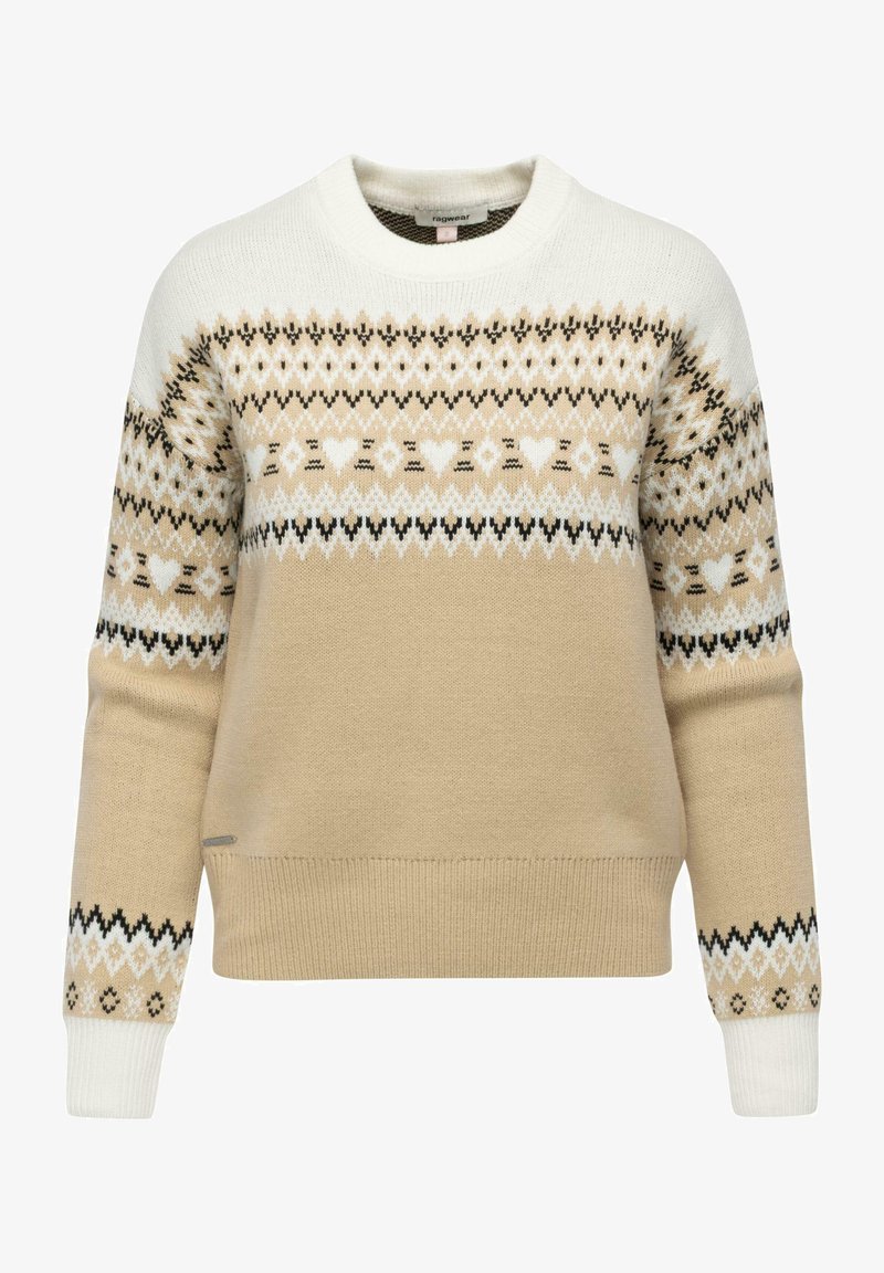 Beżowy sweter robiony na drutach z okrągłym dekoltem, z festiwalowym wzorem w kolorze białym, czarnym i brązowym, oraz ściągaczami na mankietach i u dołu.