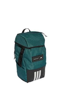 Teal fabric backpack with a roll-top design, black accents, a front label, and three white stripes at the bottom. Adjustable straps included.