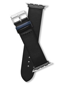 Black leather watch strap with silver hardware, featuring a blue accent and multiple holes for size adjustment. Smooth texture and sleek design.