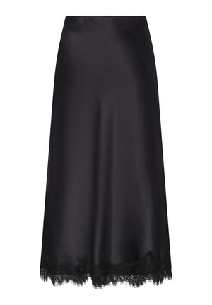 Črna midi krilo iz satena z nežno čipkasto obrobo na robu, gladke teksture in rahlo razširjeno.