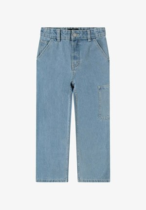Lyseblå denim bukser med lige ben, forreste knaplukning, lommer på hoften og en ekstra lomme på højre lår.