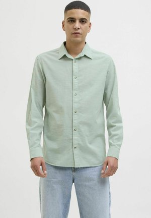 Lichtgroene overhem shirt met een kraag, lange mouwen en een rechte zoom. De stof heeft een gladde textuur en een subtiele glans.