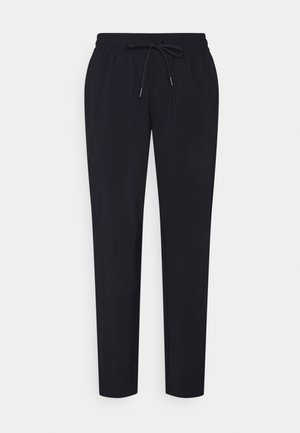Pantalon décontracté noir fuselé avec taille élastique et cordon de serrage, doté de poches avant et d'une coupe droite, sur fond blanc.