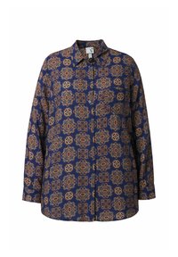 Camicia navy blue con bottoni, caratterizzata da intricati motivi floreali in oro e marrone. Con colletto, maniche lunghe e una singola tasca sul petto.