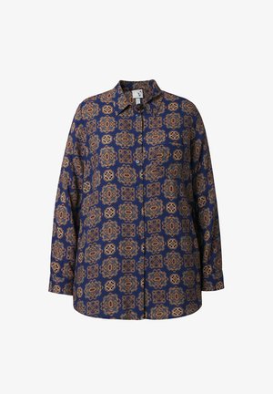 Granatowa koszula z guzikami, zdobiona skomplikowanym, złotym i brązowym wzorem kwiatowym. Z kołnierzykiem, długimi rękawami i jedną kieszonką na piersi.