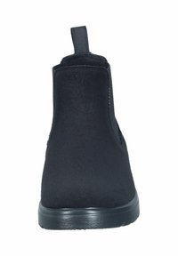 Schwarze Knöchelboots aus einem samtähnlichen Material, ausgestattet mit einer Zuglasche, runder Zehenpartie und einer flachen Gummisohle. Einfaches Design, keine sichtbaren Muster.