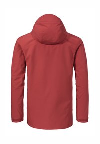 Rote wasserdichte Jacke mit Kapuze, ausgestattet mit glatter Textur, langen Ärmeln und elastischen Bündchen. Schlichtes Design, keine sichtbaren Muster oder Beschläge.