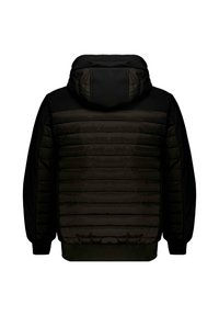 Doudoune noire avec un ourlet et des poignets côtelés, texture verticalement matelassée sur le corps, manches lisses et une capuche.