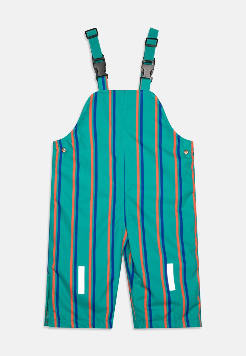 Stripete turkise seler med justerbare stropper, med vertikale striper i oransje og blå, samt refleksdetaljer på beina.