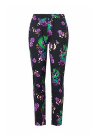 Pantalons noirs avec un motif vibrant de dragon et de fleurs en vert, violet et rose. Taille élastique et coupe droite.