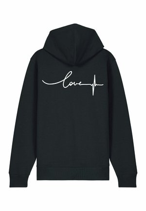 Felpa nera con cappuccio caratterizzata da una coulisse e tasca a marsupio; sul retro, testo in bianco "love" con grafica di battito cardiaco.