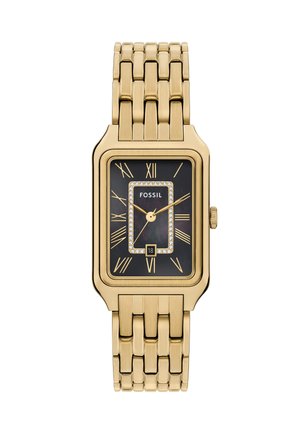 Montre rectangulaire dorée avec un cadran noir, des marqueurs en chiffres romains et des pierres décoratives autour du cadran. Bracelet en métal maillé.