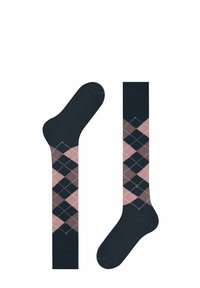 Calze blu navy con motivo a diamante in rosa e grigio, esposte con una calza in posizione verticale e l'altra piatta.