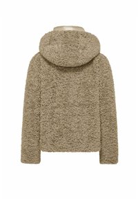 Giacca beige pelosa con cappuccio, caratterizzata da una superficie testurizzata, maniche lunghe e design cropped. Nessuna chiusura o motivo visibile.