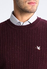 Viininpunainen neulepaita, jossa on joustinneulos ja pieni kirjailtu lintu rinnassa sekä näkyvissä oleva vaaleanharmaa kauluspaita alla.