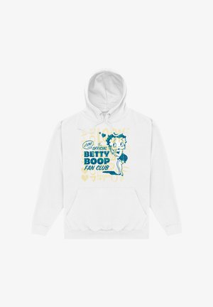 Weißer Hoodie mit einem Grafikmotiv von Betty Boop und dem Text "BEITRETEN! dem OFFIZIELLEN BETTY BOOP FAN-CLUB" in Türkis auf einem cremefarbenen Hintergrund.