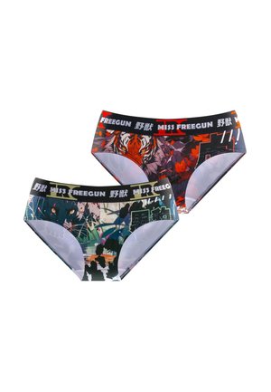 Deux paires de culottes pour femmes colorées avec des motifs tigre et floral, munies de ceintures marquées "Miss Freegun".