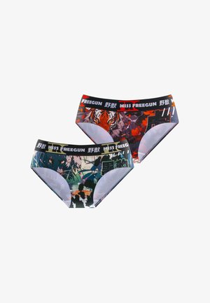 Deux paires de culottes pour femmes colorées avec des motifs tigre et floral, munies de ceintures marquées "Miss Freegun".