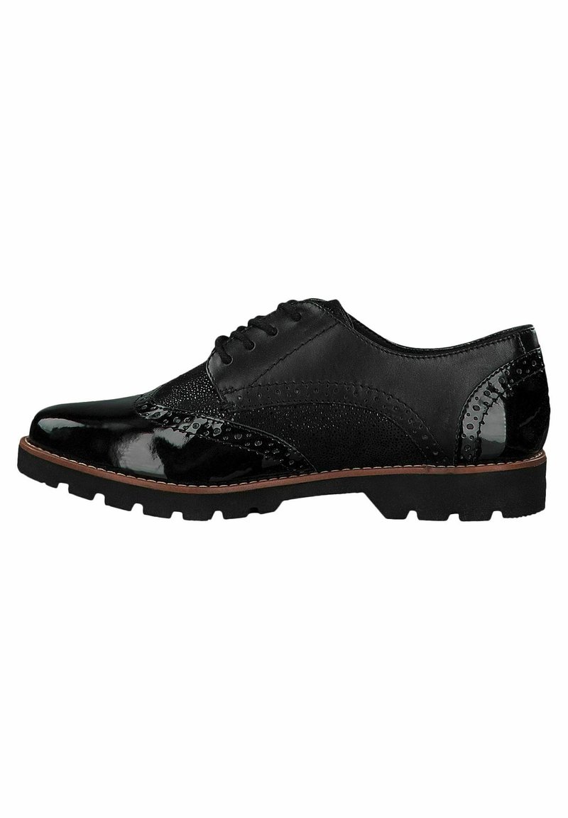 Chaussure habillée en cuir noir avec une finition brillante, présentant des accents texturés, un bout arrondi et une semelle en caoutchouc durable. Design à lacets.