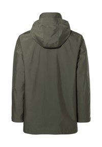 Olijfgroen waterdichte jas met een capuchon, voorzien van een gladde textuur en een recht model, ontworpen voor casual gebruik.