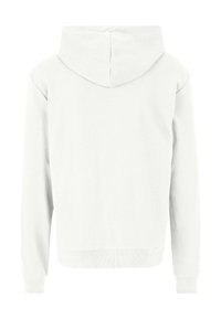 Felpa bianca con cappuccio, dalla vestibilità ampia, con polsini e orlo a coste. Texture liscia senza loghi o motivi visibili sul retro.